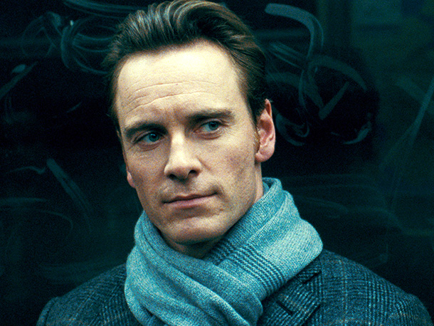 Michael Fassbender in a blue scarf