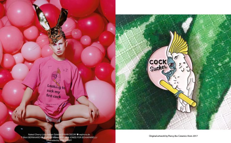 Bernhard Willhelm T-shirt featuring stolen design from Pansy Ass Ceramics, modeled by Aquaria